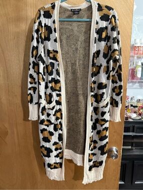 Runway Open-Front Leopard Longline Cardigan in Cream, Black & Mustard